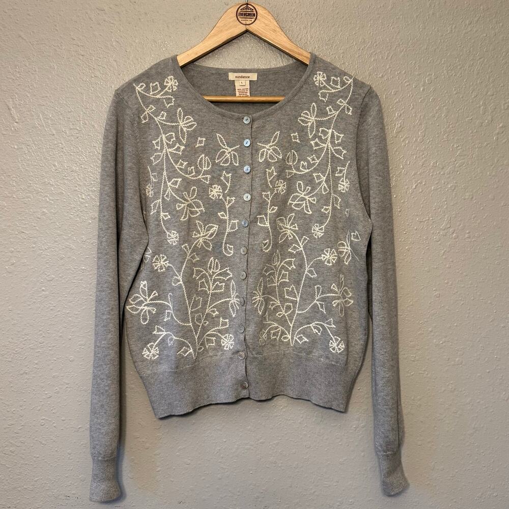 Sundance Cardigan Sweater Floral Embroidered 100% Cotton Gray Women’s Large - Picture 8 of 9